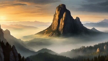 Majestic mountain with a foggy mist surrounding it. At sunrise
