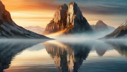 Majestic mountain at sunrise, casting a golden reflection on the calm lake