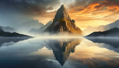 Majestic mountain at sunrise, casting a golden reflection on the calm lake