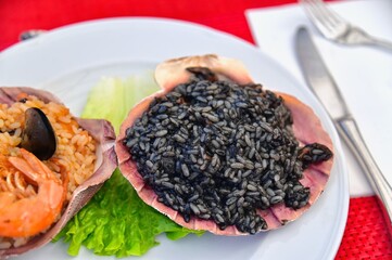 Close-Up of Croatian Black Risotto Made with Cuttlefish Ink