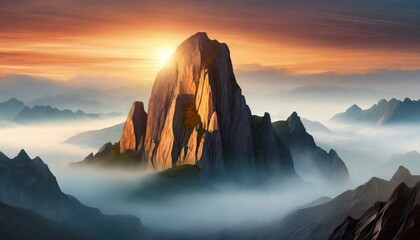Majestic mountain with a foggy mist surrounding it. At sunrise