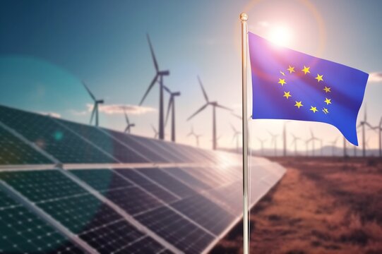 Official flag European Union on windpark turbines - Powered by Adobe