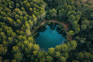 Aerial view of natural pond surrounded by pine trees in Fanal