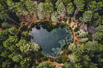 Aerial view of natural pond surrounded by pine trees in Fanal