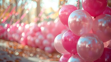 Pink party decorations, including lots of balloons, ready for the party to start. 