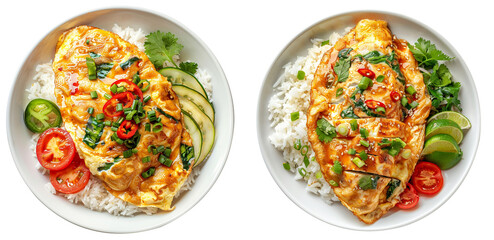 omelet on top rice in a dish isolated on transparent background