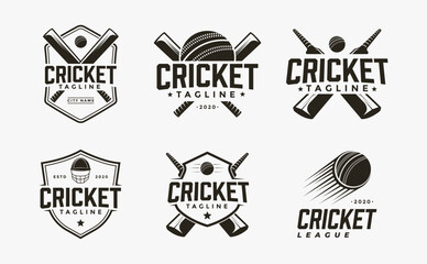 Set of Vintage seal badge Cricket sport logo with lacrosse equipment vector icon on white background