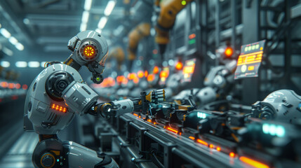 Fototapeta premium Close-up view of an industrial robot arm meticulously assembling components in a futuristic factory.