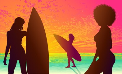 surfistas, contraluz, vector, tabla, surf, mar, atardecer, mujer surfista, silueta, tablista, ilustracion, arte surf, rosa, surfista en la playa, chica surf, mujer