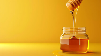 Honey drips from a wooden dipper over yellow background