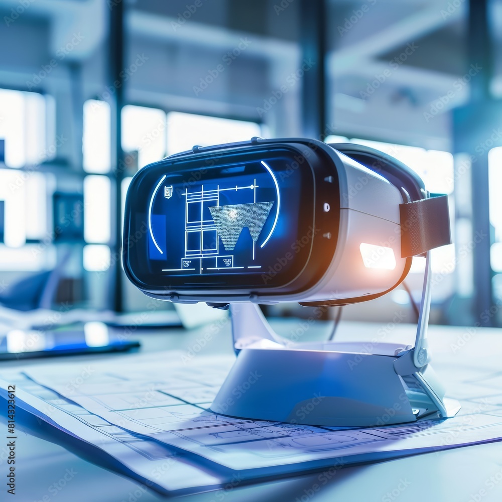 Poster a closeup of a hightech virtual reality headset illuminating blueprints