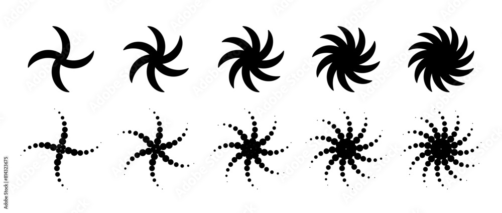 Aufkleber Different twist or swirl element set. Black twirl and rotating line collection. Solid and dotted radial revolving whirlwind symbol bundle. Tornado or whirlpool rotation effects. Vector graphic design