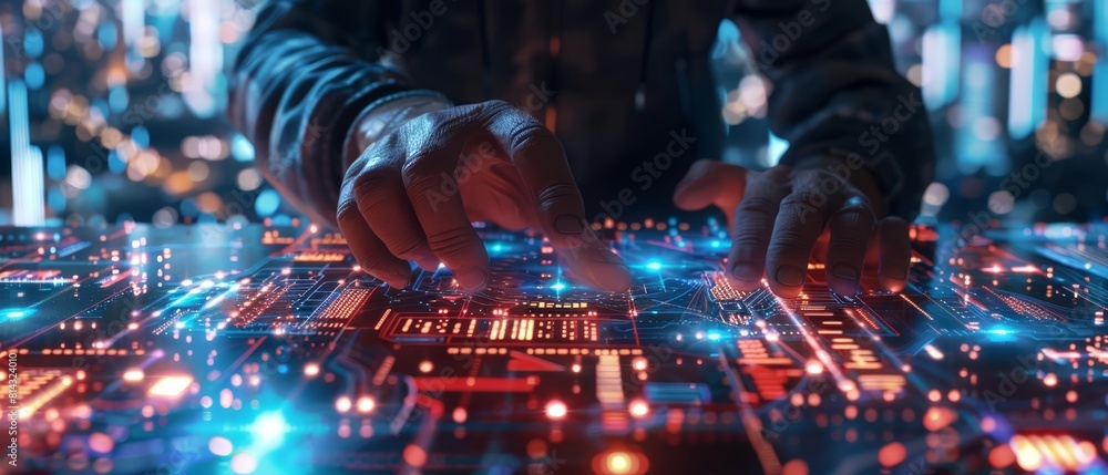 Poster a closeup of an engineer programming a hightech transportation network on a holographic display