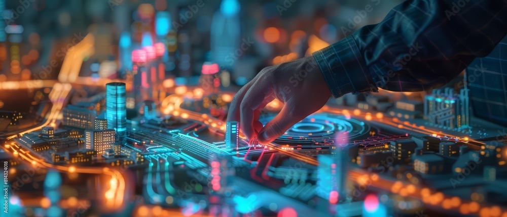 Poster a closeup of an engineer programming a hightech transportation network on a holographic display