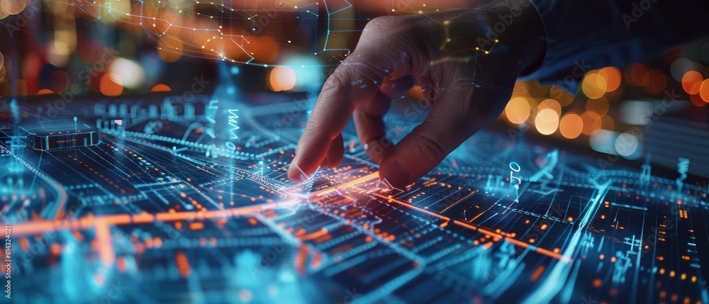 Poster a closeup of an engineer programming a hightech transportation network on a holographic display