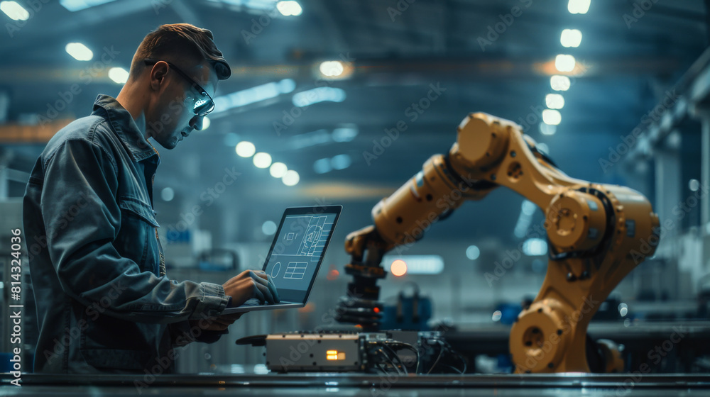 Poster a young engineer programs a robotic arm using a laptop in an advanced industrial environment.