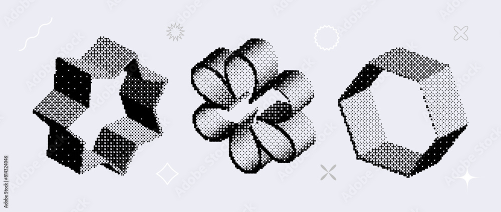 Poster Bitmap textured shape set. Dither halftone objects collection. Black 3d flower, star, hexagon elements for banner, poster, leaflet. Abstract pixelated raster effect bundle. Vector pack