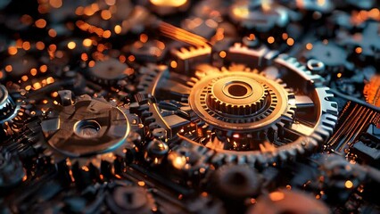Close-up of interconnected metallic gears and cogs with mechanical complexity
