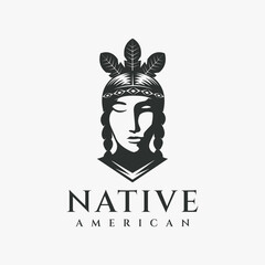 Female indian, native american logo icon vector illustration on dark background