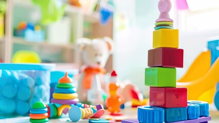 Colorful children's toys, including stacked rings and blocks, in bright playroom