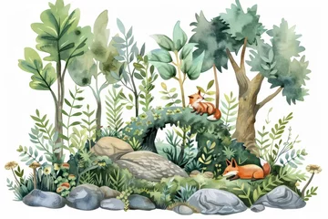 Fotobehang A cute watercolor of a woodland clearing © JK_kyoto