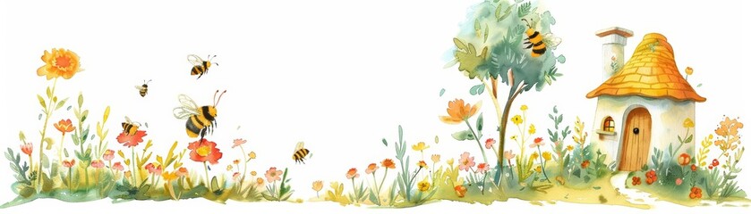 A cute watercolor of bees buzzing around a hive shaped like a quaint cottage