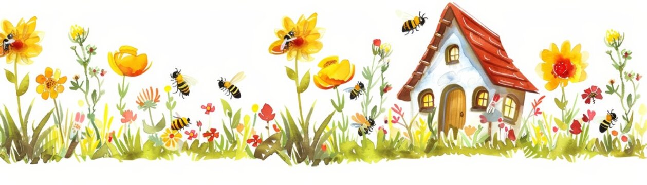 watercolor bees, flowers, house, garden scene clip art preview