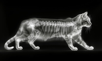 A black and white x-ray scan of a tabby cat