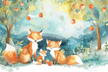 Naklejka premium A kawaii watercolor of a family of foxes enjoying a night under the stars