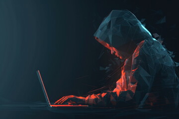 polygonal hacker with laptop, Cyber attack, Computer hacking concept, criminal