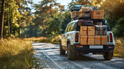 Obraz premium The trunk of car is full with cardboard boxes, bags and other objects from moving in front of an apartment building at summer. Back to school concept.
