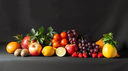 A variety of fruits are arranged in a row against a black background. The fruits include apples, oranges, grapes, lemons, and pears.