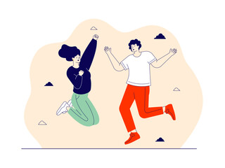 Loving couple jumping in happy mood. Happiness vector illustration