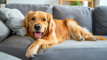 "Cheerful golden retriever chilling on a comfy couch in a contemporary living space" "Joyful golden retriever lounging on a comfy couch in a contemporary living space"