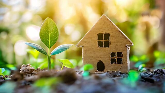 Cardboard cutout of house next to young plant in soil with sunlight filtering through leaves