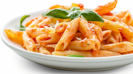 "Penne pasta with vodka sauce in creamy tomato pink, isolated on white background, part of Italian cuisine collection, with blank white background"