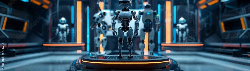 Poster empty studio with podium of advanced robotics