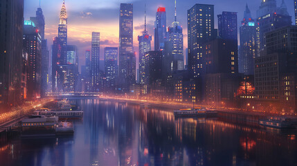a realistic cityscape at dusk, featuring towering skyscrapers, bustling streets, and glowing city...