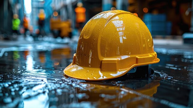 Yellow construction helmet on a wooden table with a blurry background of workers and machinery at the site, depicting a construction concept