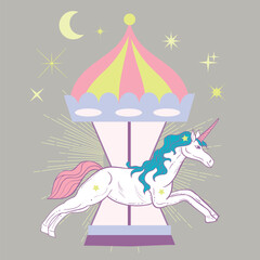 Childish vector illustarion of a carousel unicorn. Retro cute background at pastel colors.