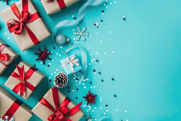 Banner with many gift boxes tied velvet ribbons and paper decorations on turquoise background. Christmas background