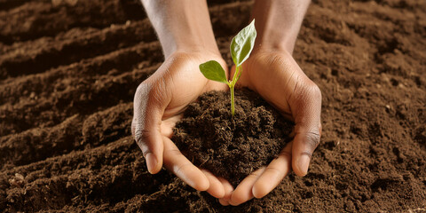 Man's cupped hands holding a tree sapling in soil. Caring for and planting new life.
