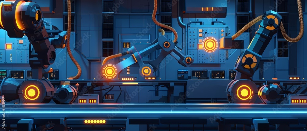 Poster paper art and craft style of a robotic assembly line, capturing the intricate mechanics and glowing 