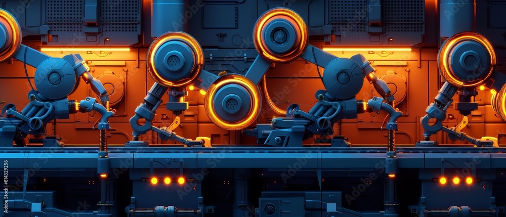 Poster paper art and craft style of a robotic assembly line, capturing the intricate mechanics and glowing 