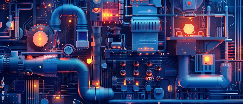 Poster paper art and craft style of a robotic assembly line, capturing the intricate mechanics and glowing 