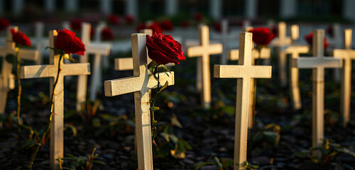 Memorial crosses arranged in a precise formation in a corporate plaza, each adorned with a single red rose in honor of Memorial Day.