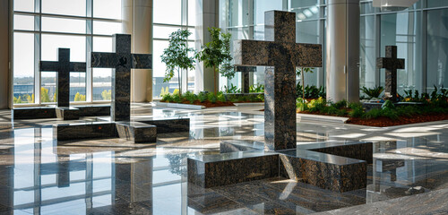 Memorial crosses made of polished granite, arranged in a corporate plaza with precision and...