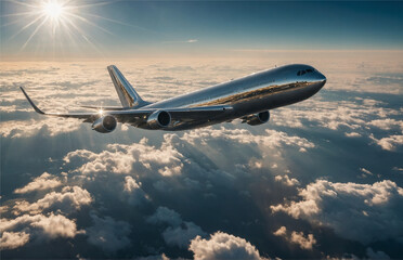 A majestic airplane soaring through the clouds, its metallic wings glinting in the sunlight, Generative AI