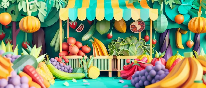 Trendy art paper collage design of a vibrant farmers market during Earth Day, showcasing a variety of fresh vegetables and fruits in solid color, illustration template