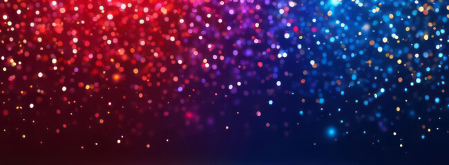 Abstract red, purple and blue glitter lights background for banner. Blurred bokeh. Backdrop for Valentines day, womens day, holiday or event
